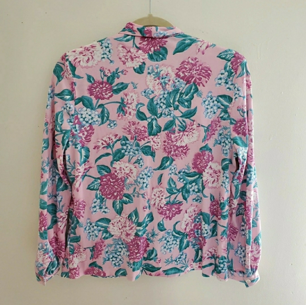 Vintage Tie-bow Floral Print Button Front Long Sleeve Blouse Pink Green - Picture 9 of 11